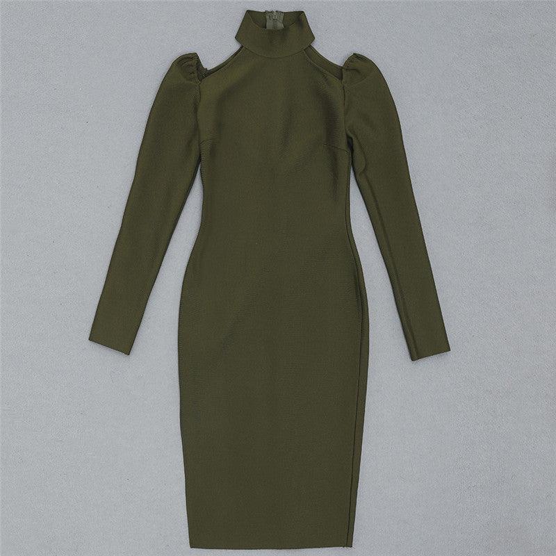 Ribbed High Neck Long Sleeve Cold Shoulder Bodycon Midi Dress
