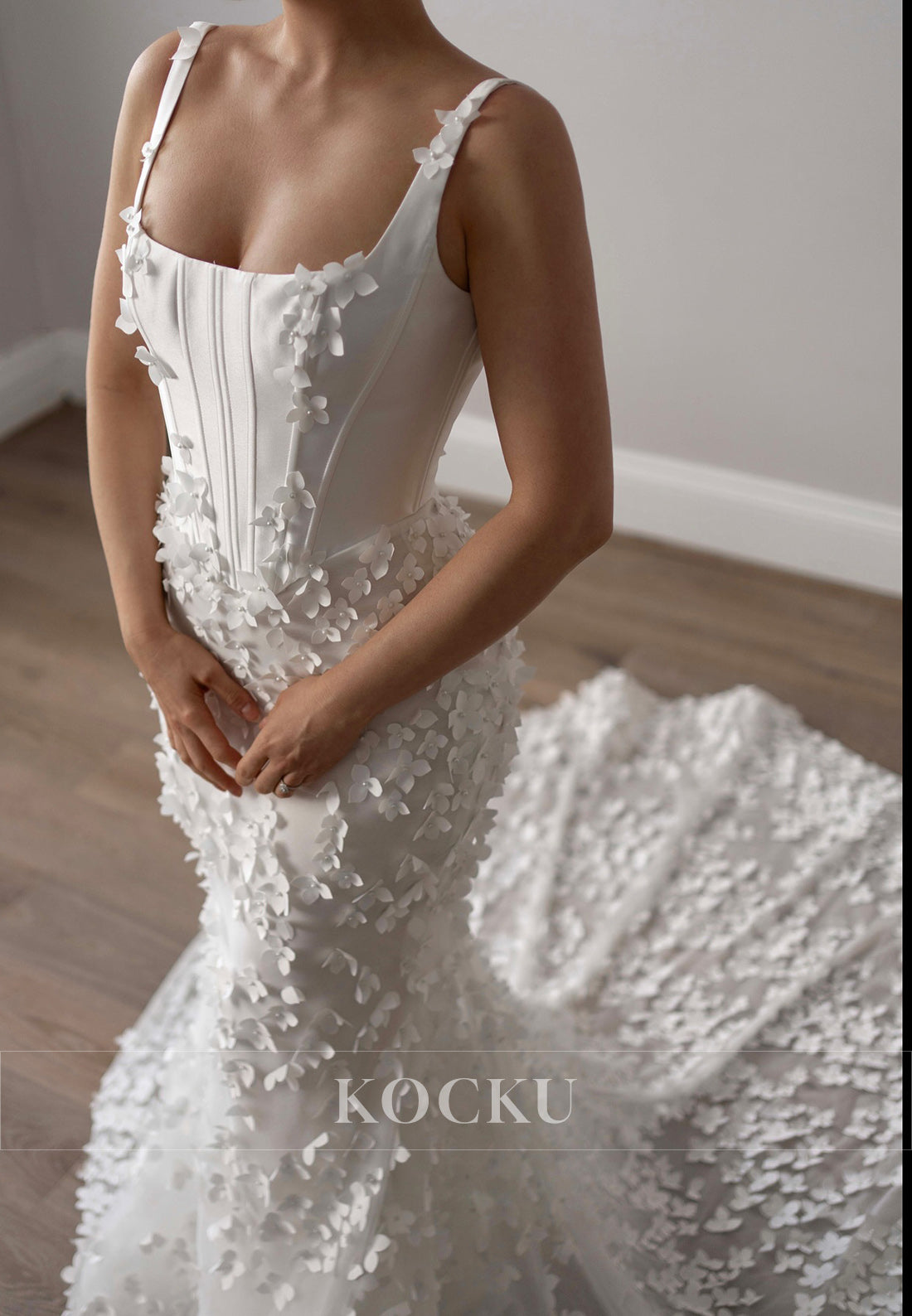 Elegant Square Neck Backless 3D Floral Mermaid Wedding Dress with Train