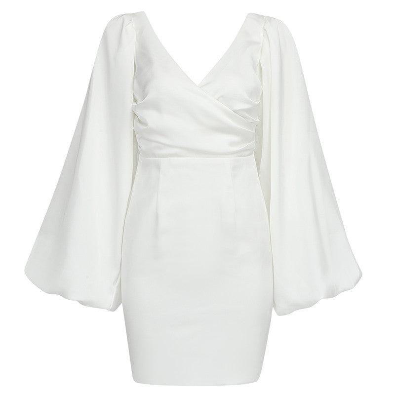 Satin Off Shoulder Puff Sleeve Bodycon Mini Dress