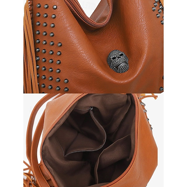 Brown Leather Boho Studded Bag Hobo Skull Fringe