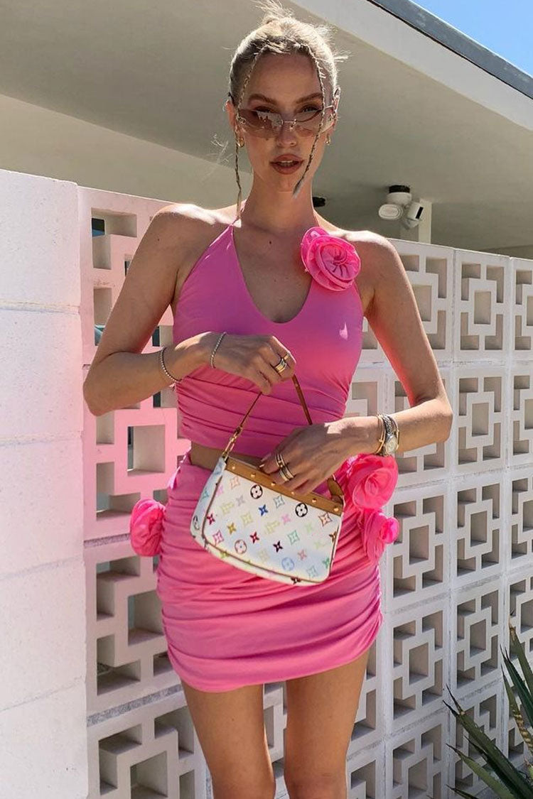 Bloom 3D Flower Halter Ruched Bodycon Cutout Party Mini Dress - Hot Pink  Fashionpara