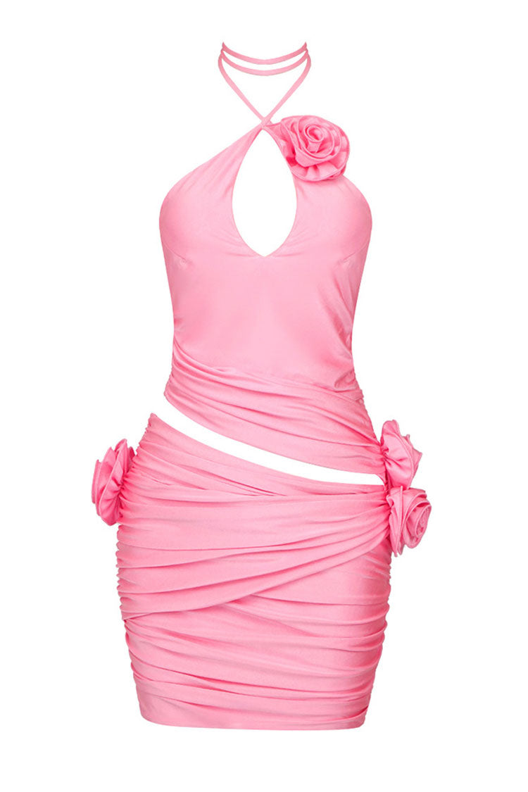 Bloom 3D Flower Halter Ruched Bodycon Cutout Party Mini Dress - Hot Pink  Fashionpara