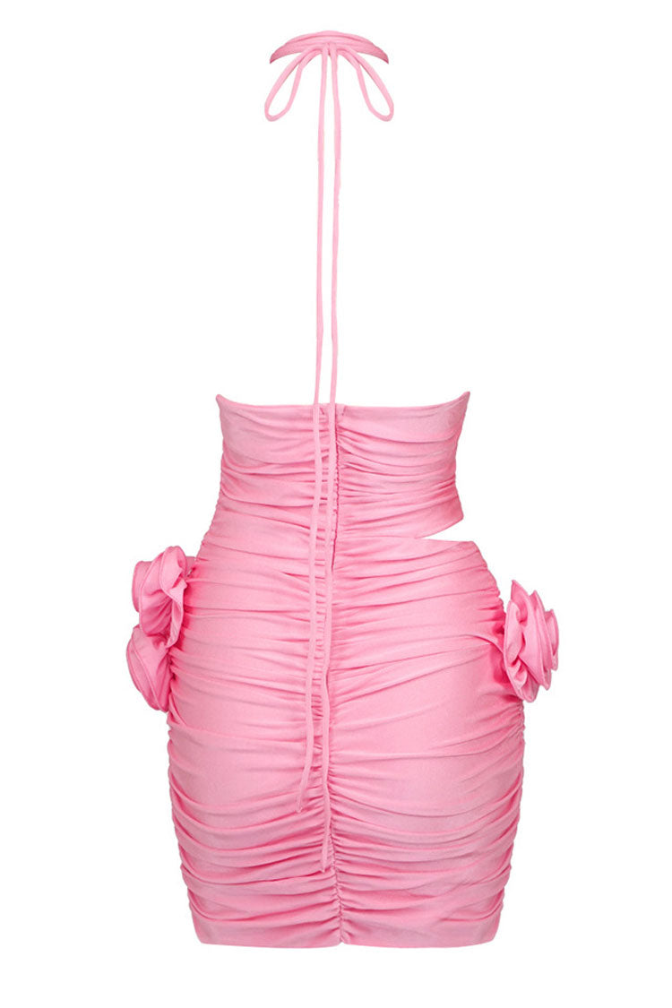 Bloom 3D Flower Halter Ruched Bodycon Cutout Party Mini Dress - Hot Pink  Fashionpara