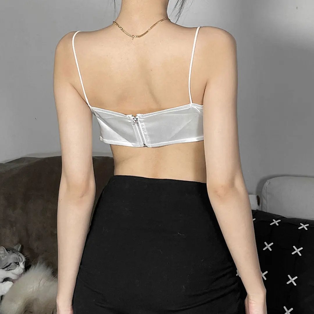 Bloom Flower Applique Spaghetti Strap Satin Crop Tank Top - White Fashionpara