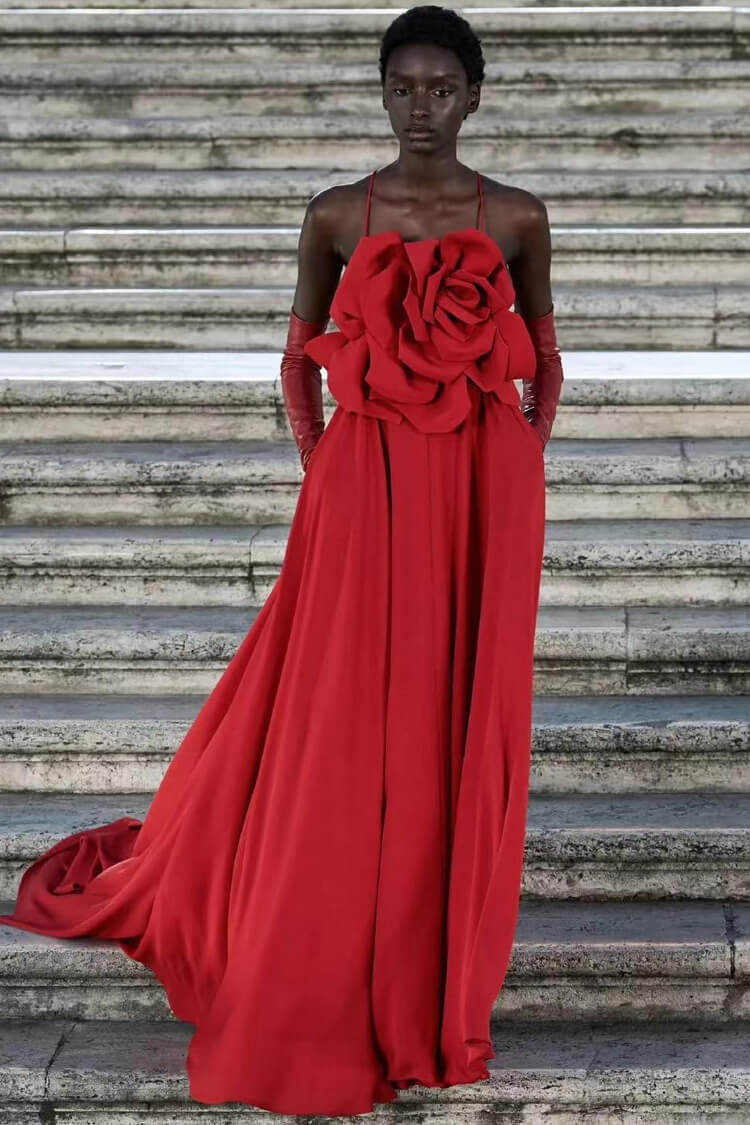 Bloom Rosette Sleeveless Pocketed Cross Backless Evening Maxi Dress