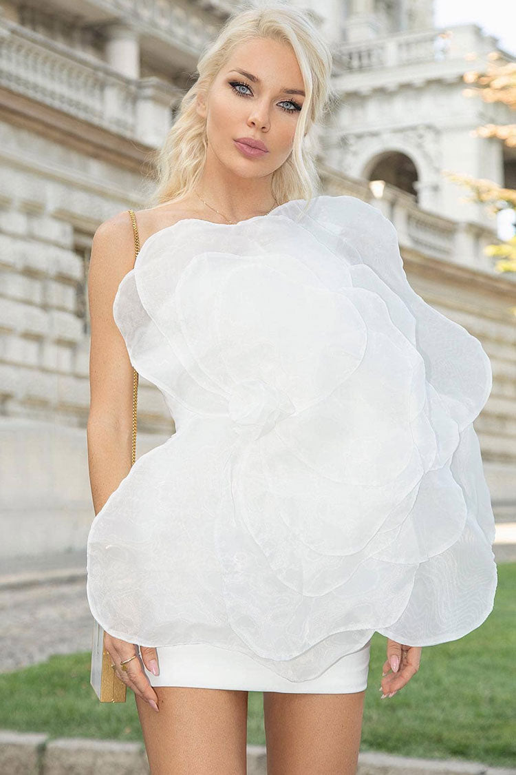 Blooming Rosette Applique One Shoulder Silky Satin Party Mini Dress - White  Fashionpara