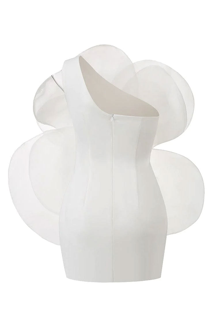 Blooming Rosette Applique One Shoulder Silky Satin Party Mini Dress - White Fashionpara