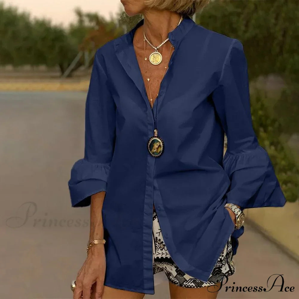 Blouse Office Arm - V Button Women's Flare Up White Neck Blouse - Fashionpara