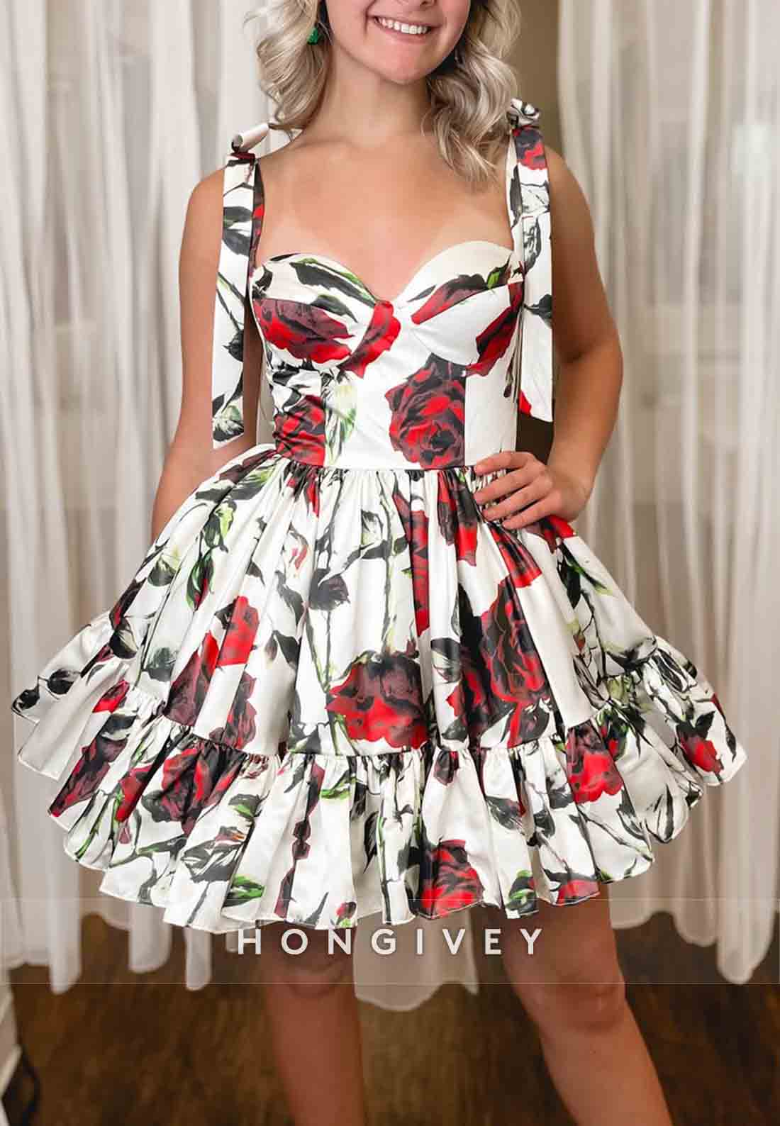 Floral Print Sleeveless Bowknot Sweetheart Regular Straps Short Homecoming Dresses