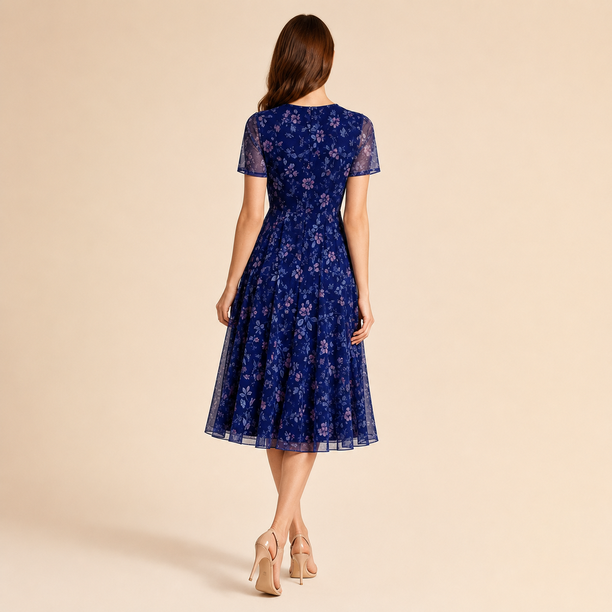 Floral V-Neck Short Sleeve Chiffon Fit and Flare Midi Dress 6