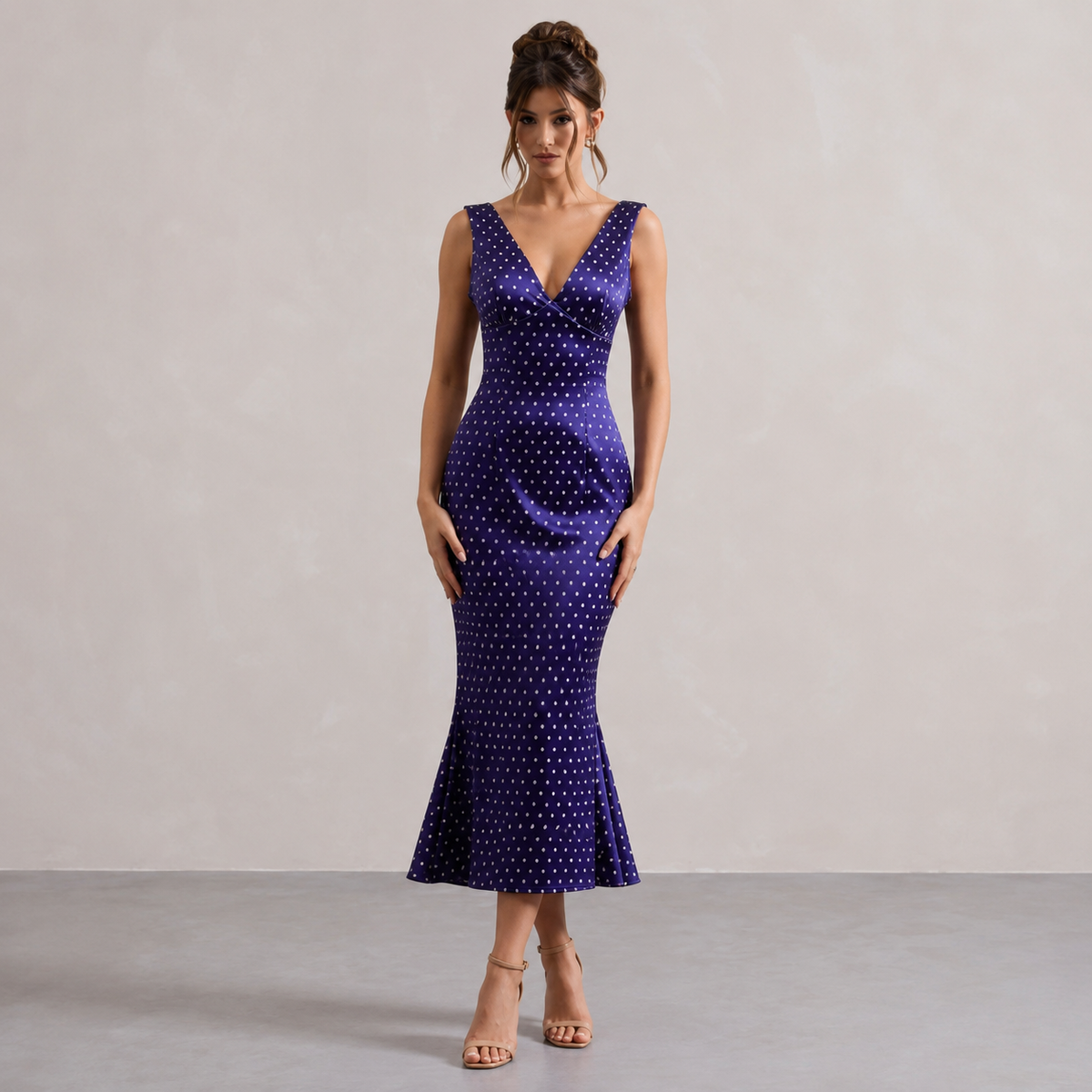 Polka Dot Satin V-Neck Fishtail Midi Dress 4