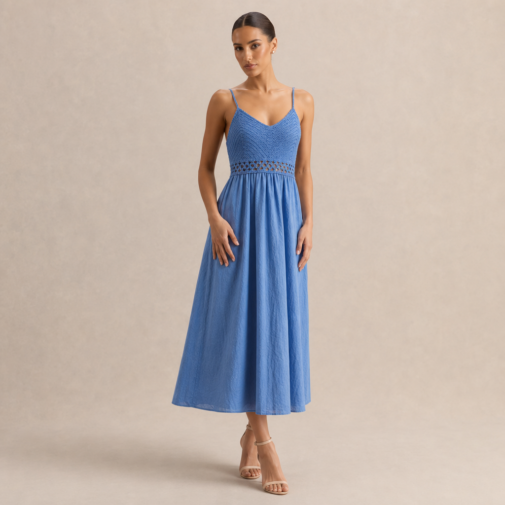 V-Neck Shirred Bodice Cut Out A-Line Midi Dress 10