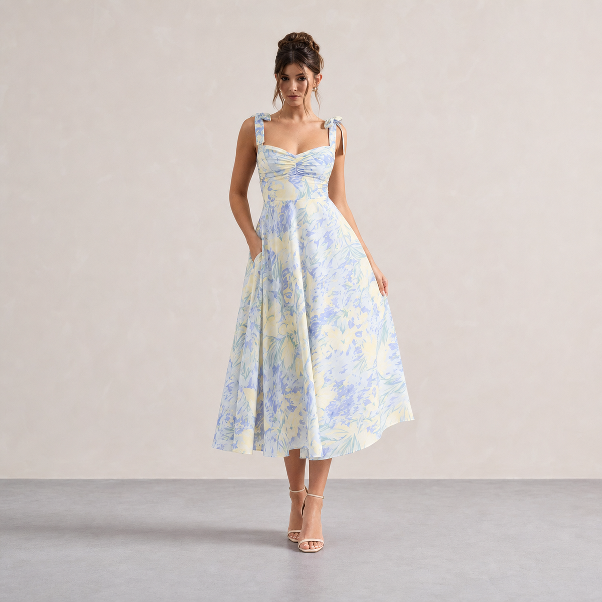Floral Tie Strap Sweetheart Fit and Flare Midi Dress