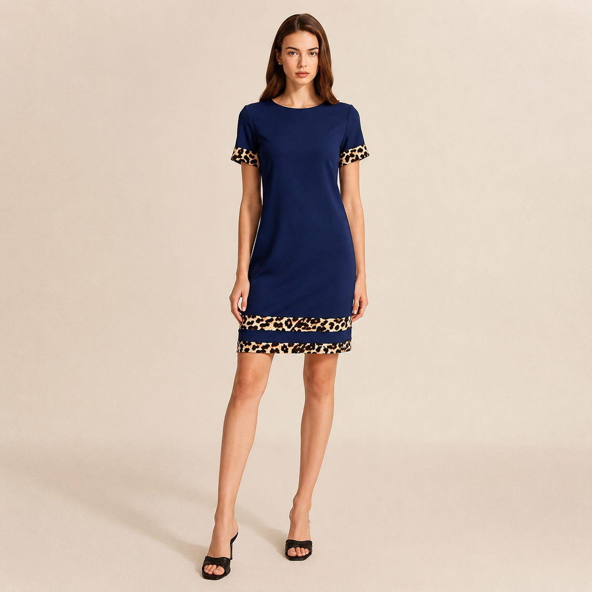 Crew Neck Short Sleeve Leopard Trim Shift Dress 10