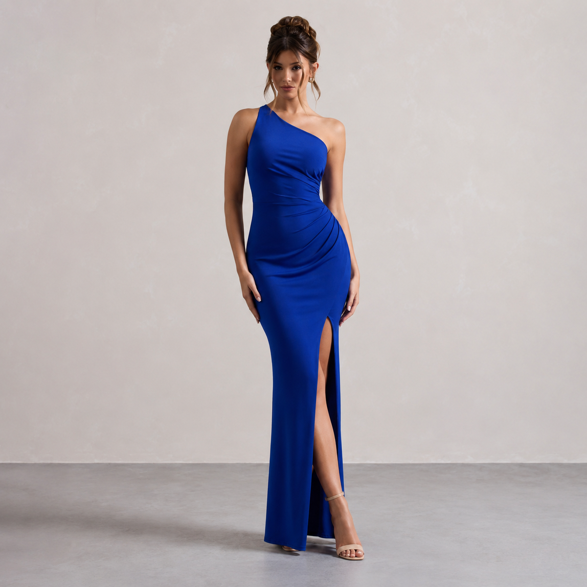One Shoulder Ruched High Split Bodycon Midi Dress 16