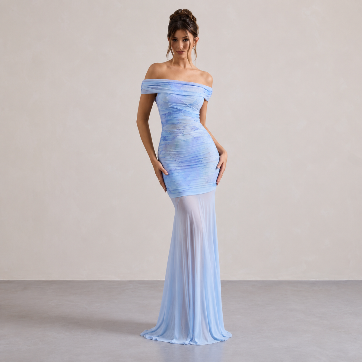 Marble Print Off Shoulder Ruched Fishtail Maxi Dress 4