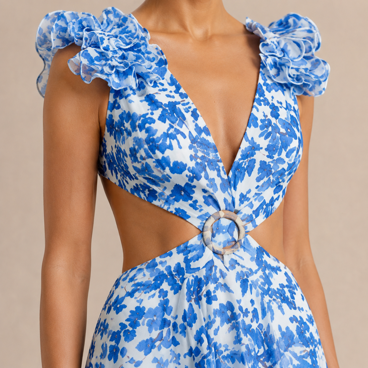 Plunge Ruffle Strap Cut Out Floral High Low Maxi Dress 5