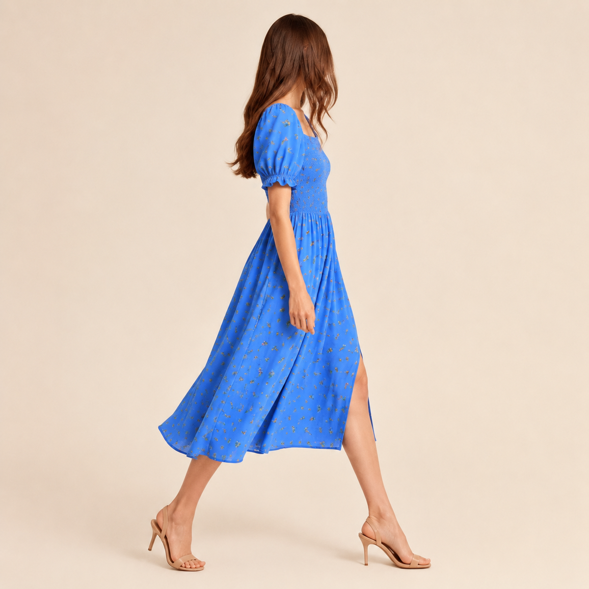 Floral Square Neck Puff Sleeve Smocked High Split Midi Dress 24
