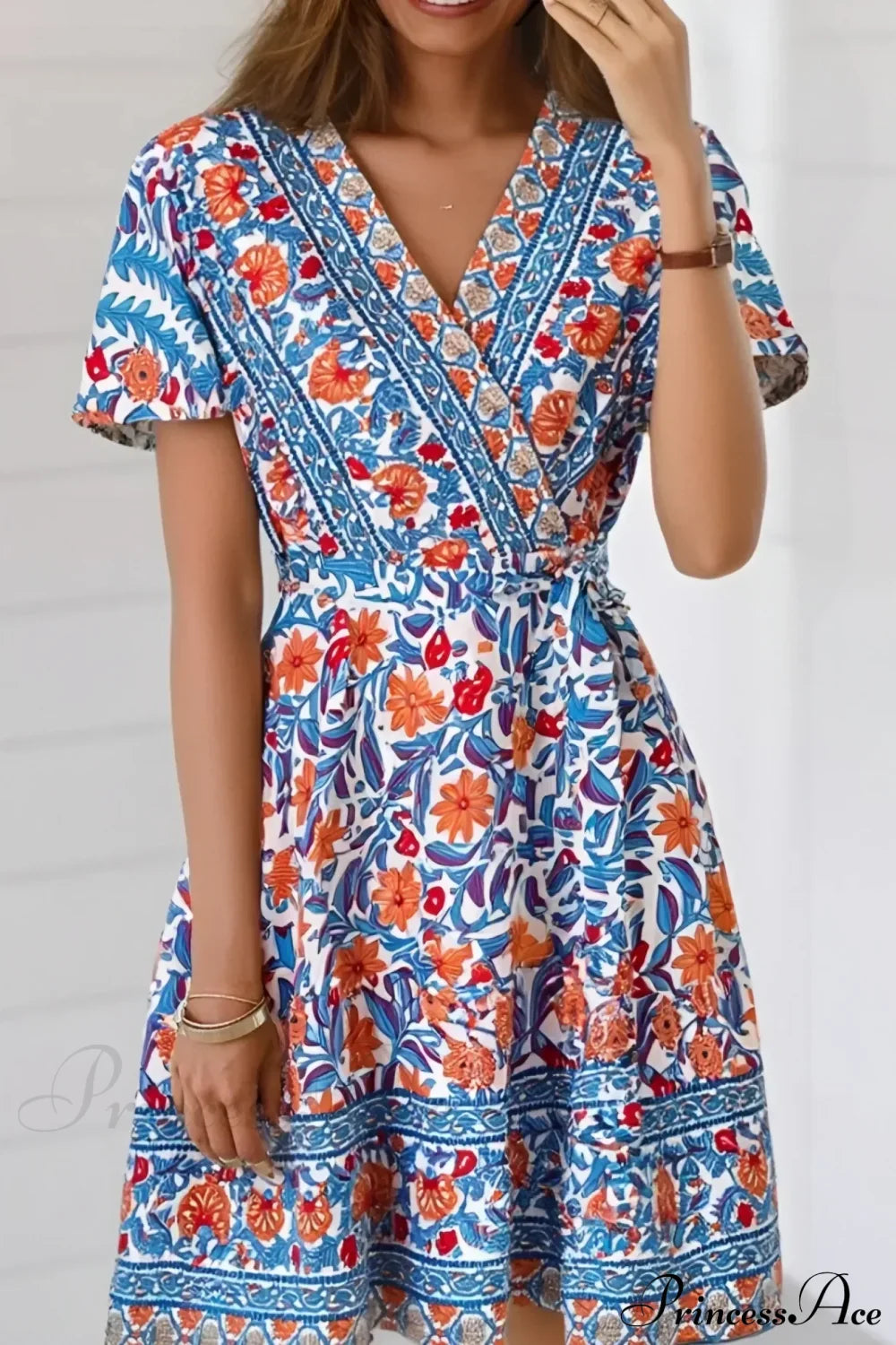 Blue Floral Print Cross V-neck Wrap Summer Mini Boho Dress Blue / S bohodress-250126