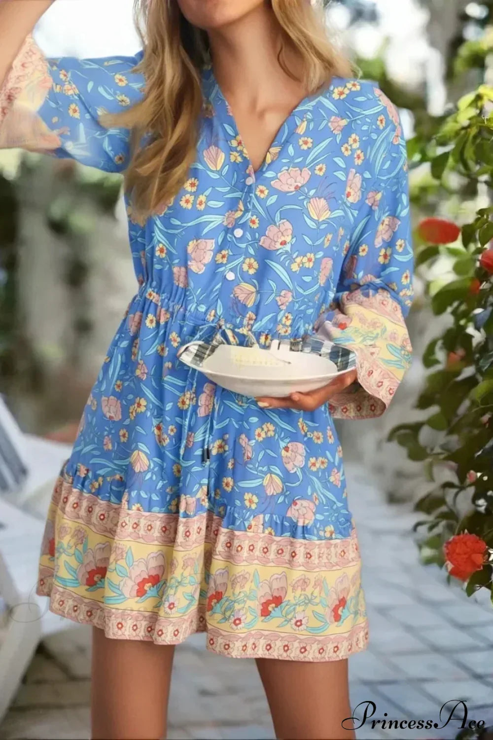 Blue Floral Print Flare Sleeve Boho Dress Blue / S bohodress-250126
