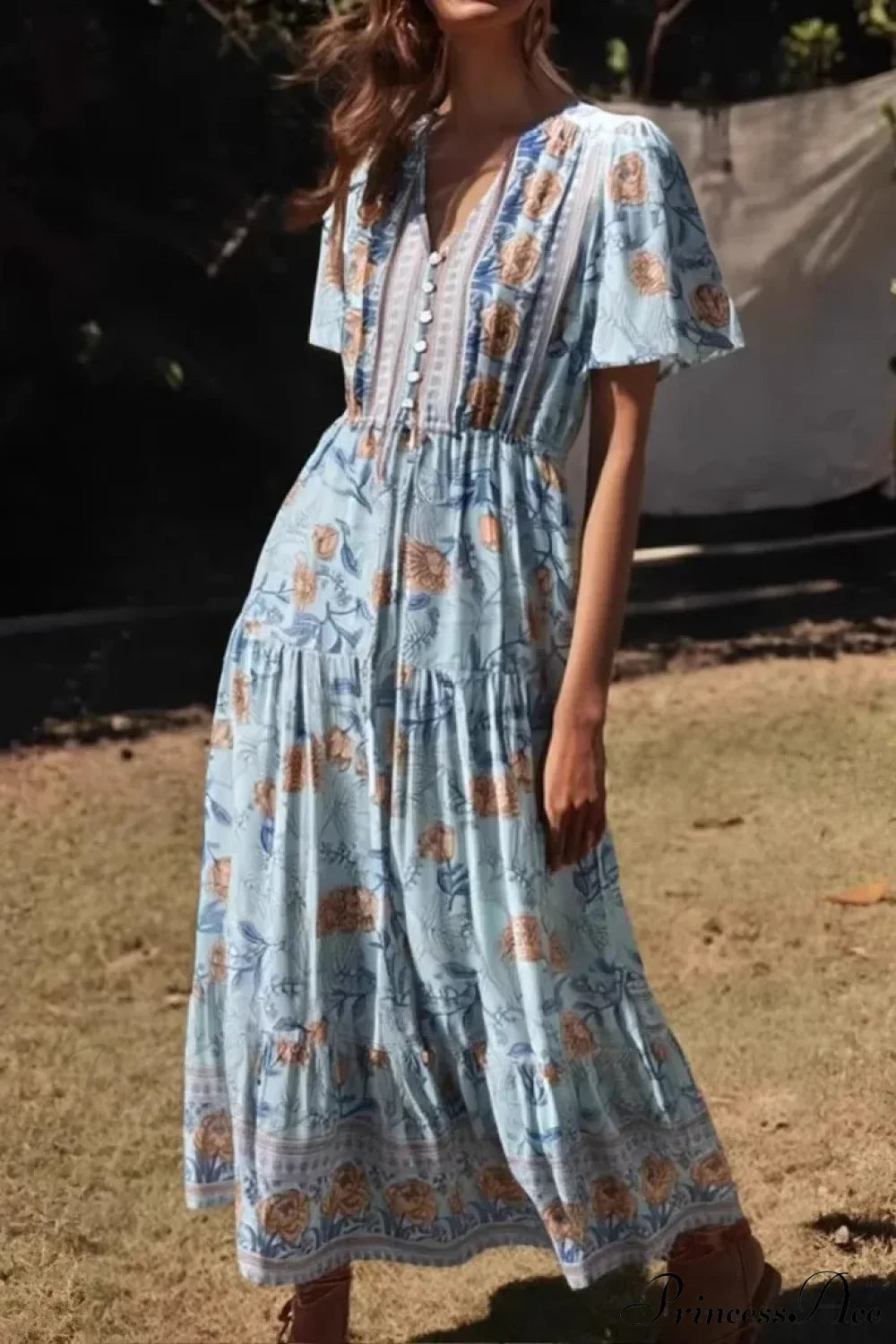 Blue Floral Print Ruffles Sleeve Rayon A-line Beach Maxi Boho Dress light blue / S bohodress-250126