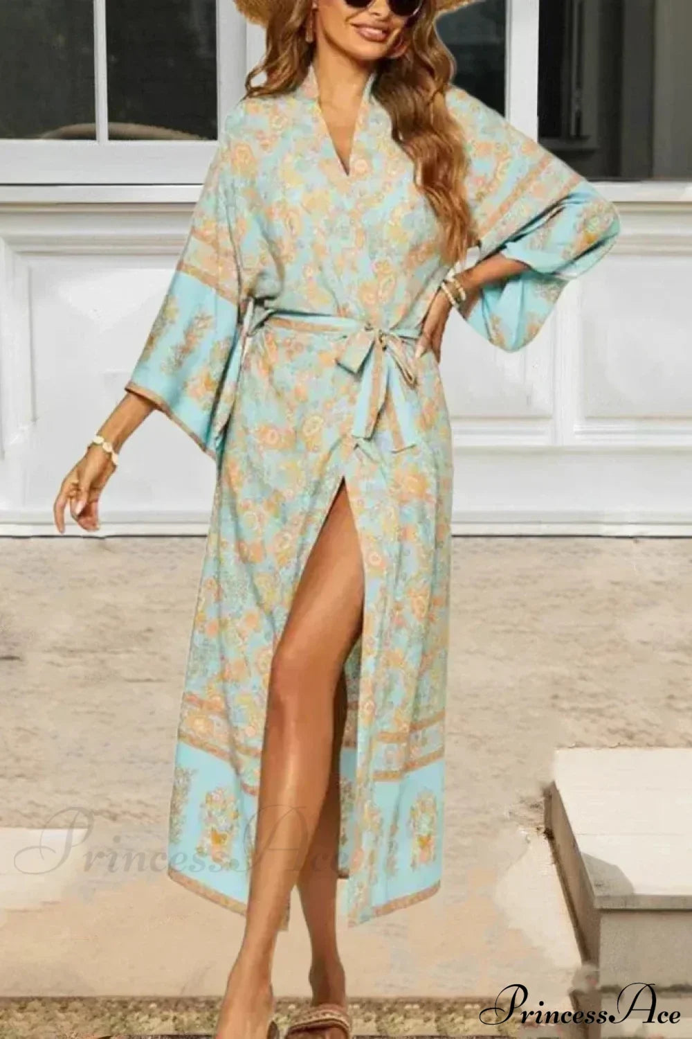 Blue Floral Sashes Boho Kimono Dress Blue / S bohodress-250126