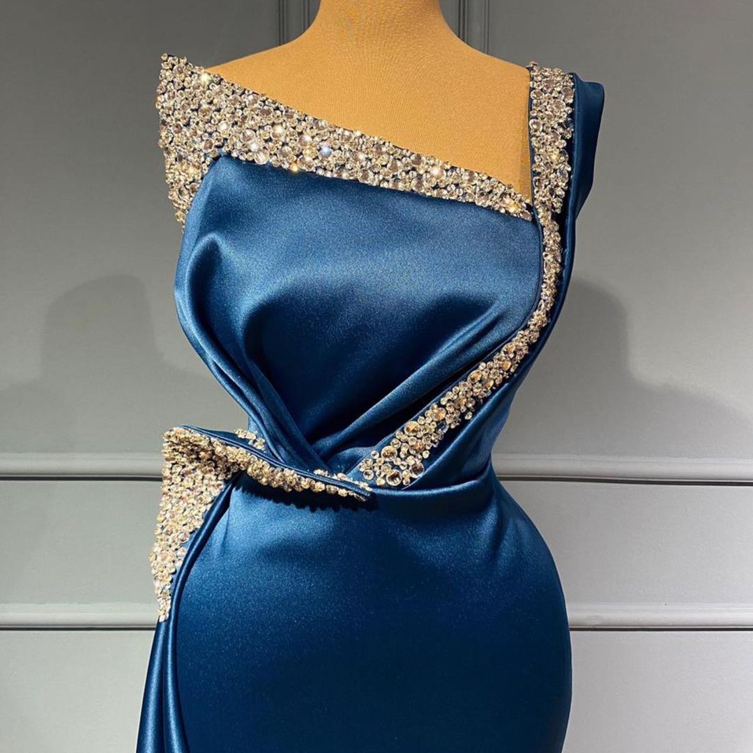Blue Mermaid Evening Dress Long With Beads - Fashionpara