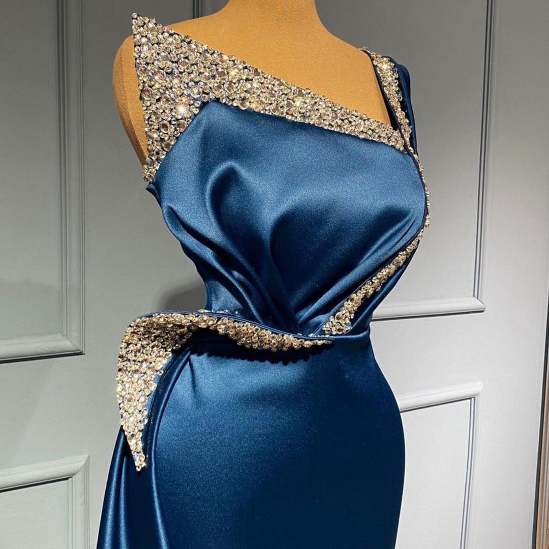Blue Mermaid Evening Dress Long With Beads - Fashionpara