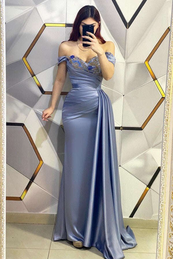 Blue Off-the-Shoulder Prom Dress Mermaid With Ruffles - Fashionpara