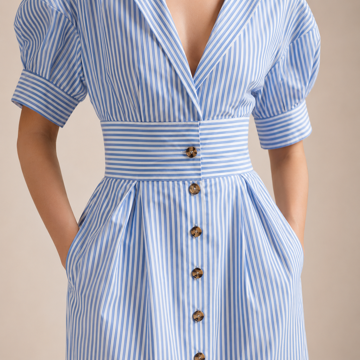 Striped Collared Puff Sleeve Button Front Belted Midi Dress 8