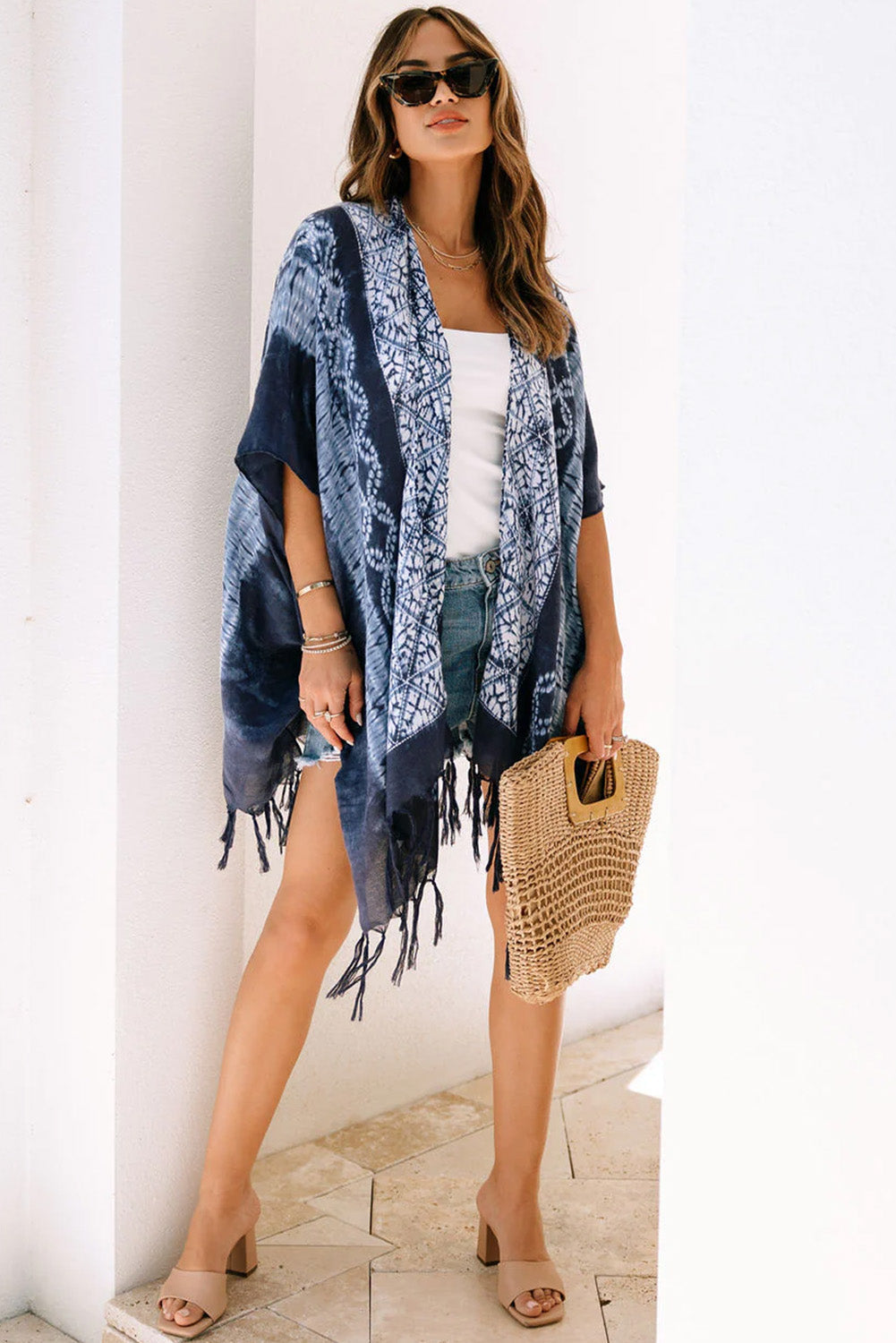Blue Tie Dye Short Sleeves Tassels Kimono Fashionpara