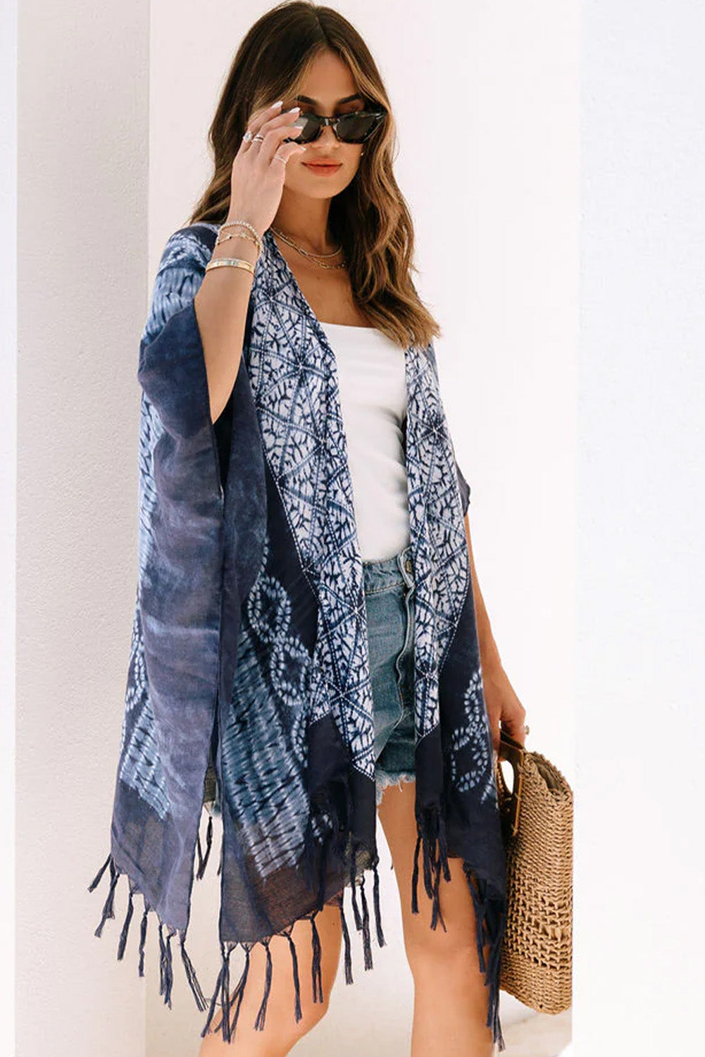 Blue Tie Dye Short Sleeves Tassels Kimono Fashionpara
