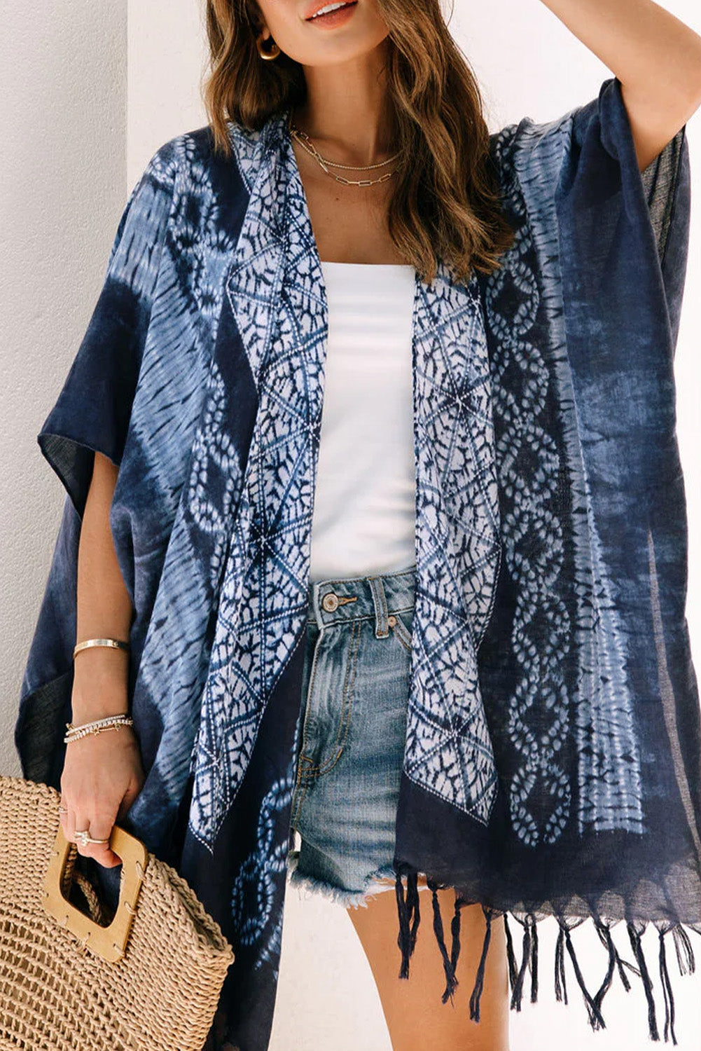 Blue Tie Dye Short Sleeves Tassels Kimono Fashionpara
