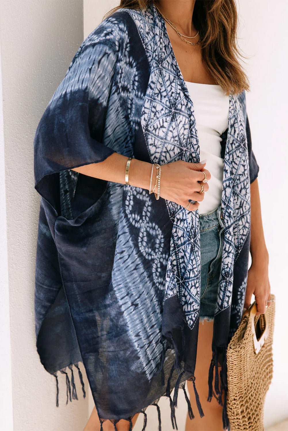 Blue Tie Dye Short Sleeves Tassels Kimono Fashionpara