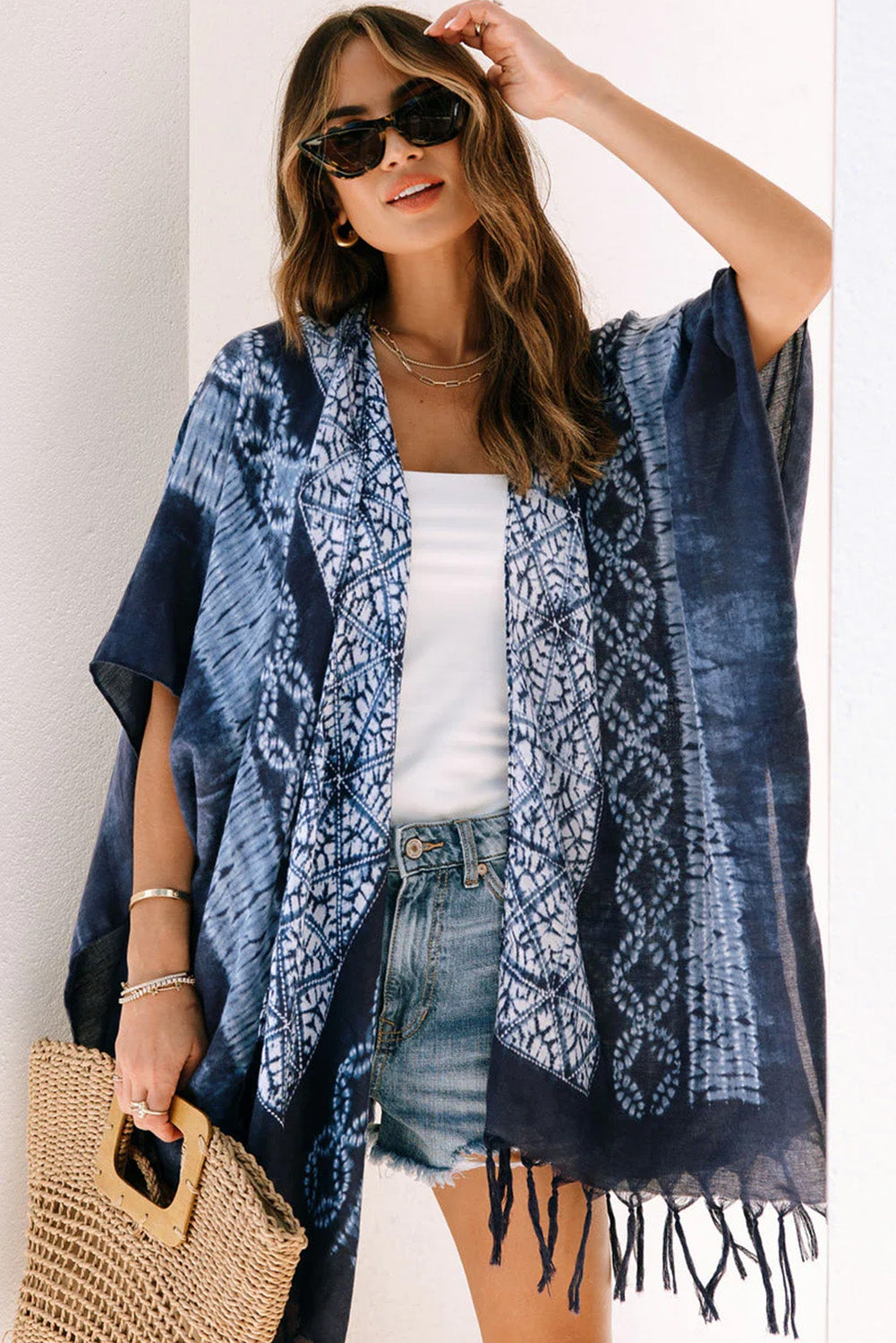 Blue Tie Dye Short Sleeves Tassels Kimono Fashionpara