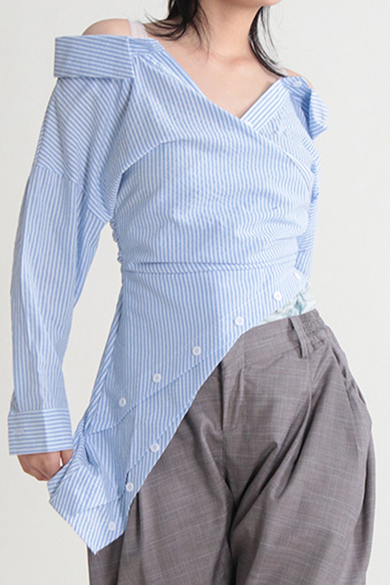 Off Shoulder Irregular Long Sleeve Striped Blouse - Fashionpara