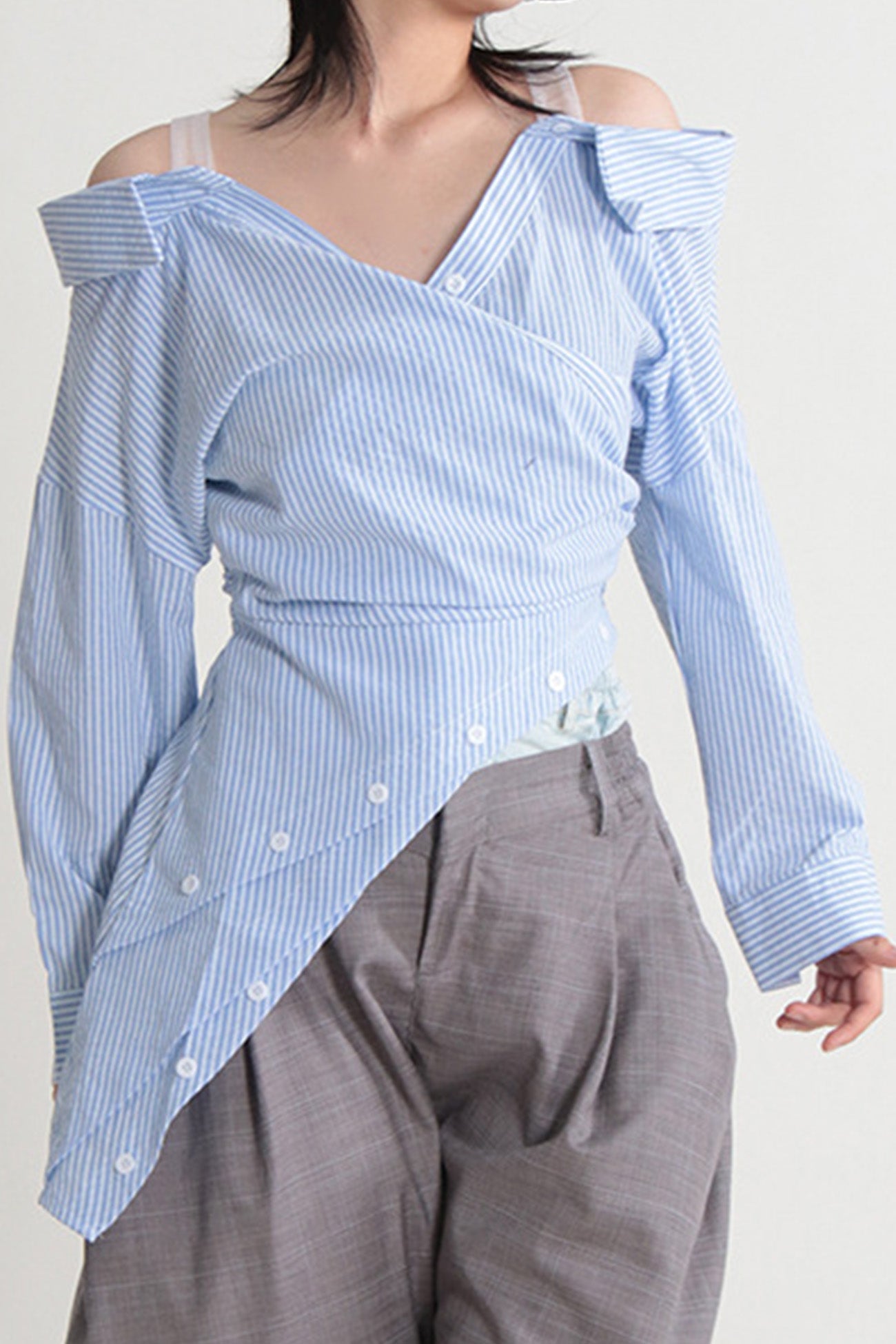 Off Shoulder Irregular Long Sleeve Striped Blouse - Fashionpara