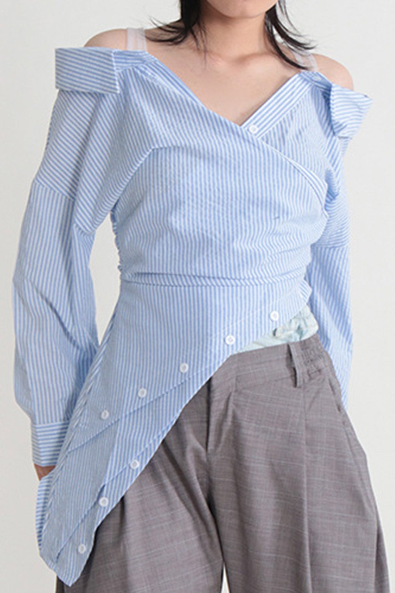 Off Shoulder Irregular Long Sleeve Striped Blouse - Fashionpara