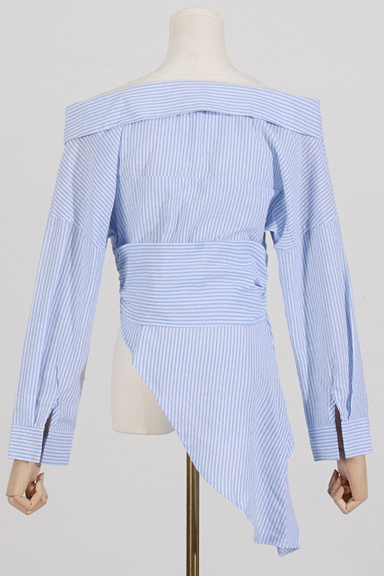 Off Shoulder Irregular Long Sleeve Striped Blouse - Fashionpara