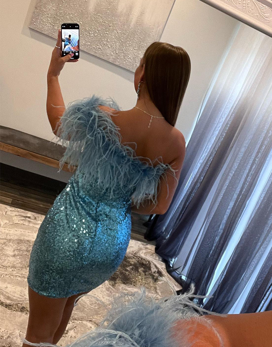 Farrah Sheath Sparkling Sequin Homecoming Dress with Feather Details - Fashionpara