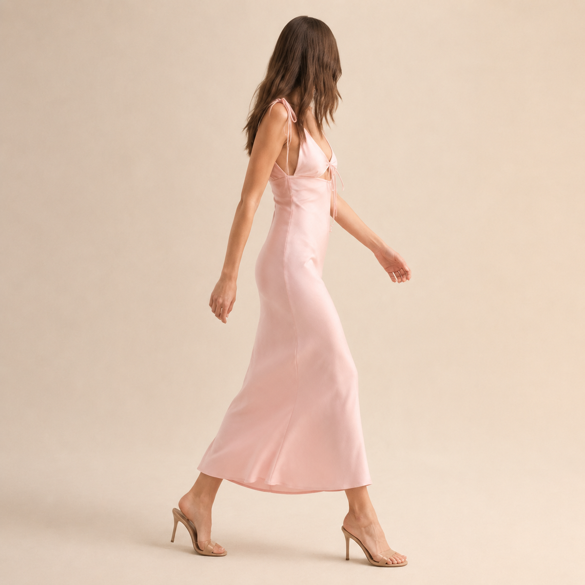 Satin V-Neck Tie Strap Cut Out Slip Maxi Dress 8