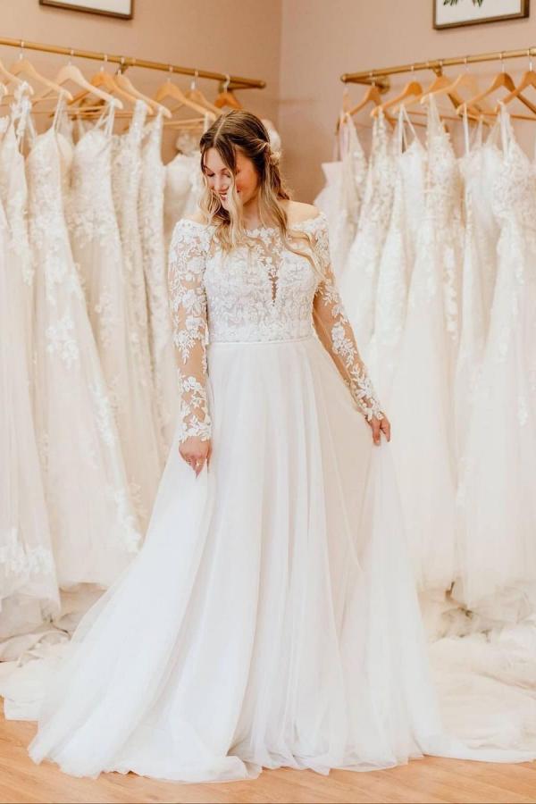 BMbrdal Off-the-Shoulder Long Sleeves Wedding Dress With Lace Appliques - Fashionpara