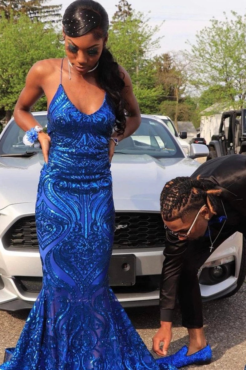 Bmbrdal Royal Blue Sleeveless Prom Dress Mermaid Sequins - Fashionpara