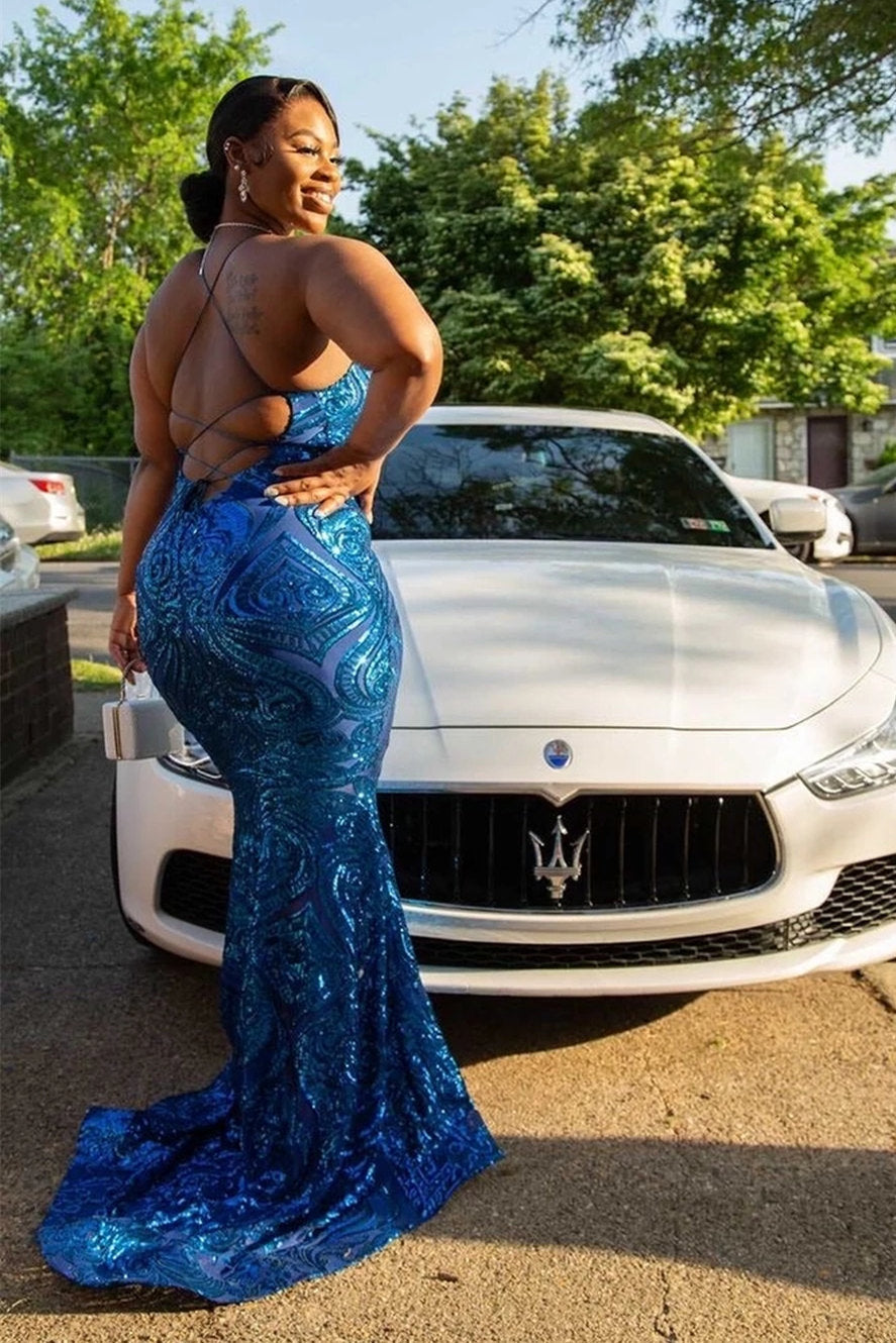 Bmbrdal Royal Blue Sleeveless Prom Dress Mermaid Sequins - Fashionpara