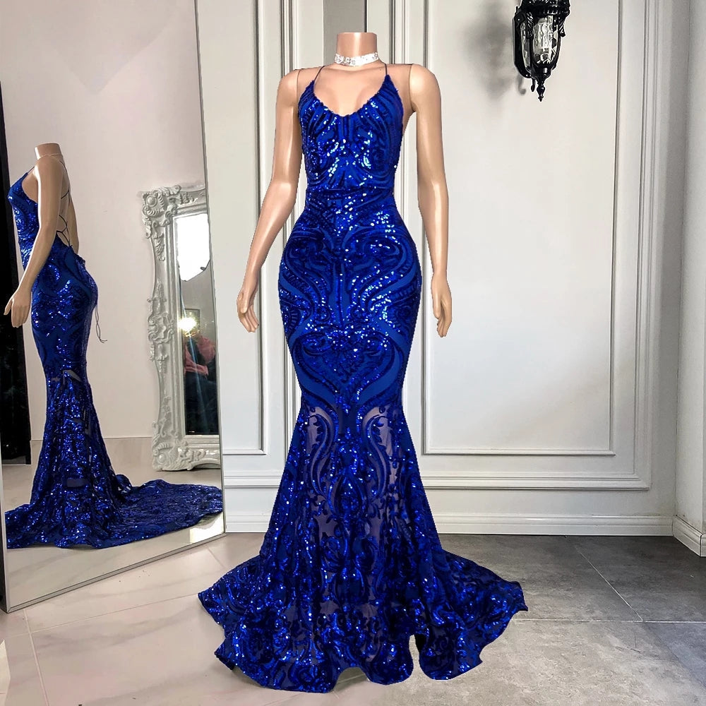 Bmbrdal Royal Blue Sleeveless Prom Dress Mermaid Sequins - Fashionpara