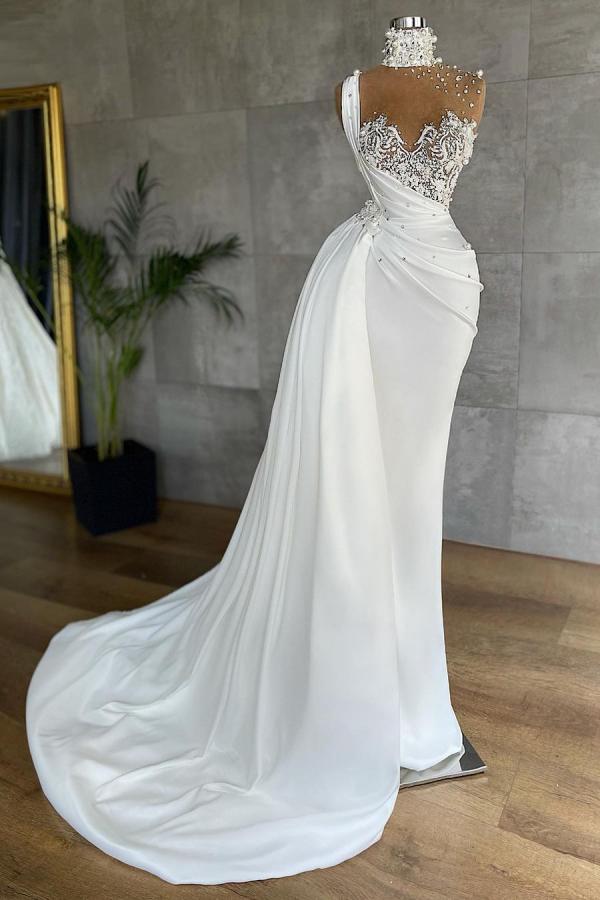 Bmbrdal White High Neck Mermaid Prom Dress With Ruffles Beads - Fashionpara
