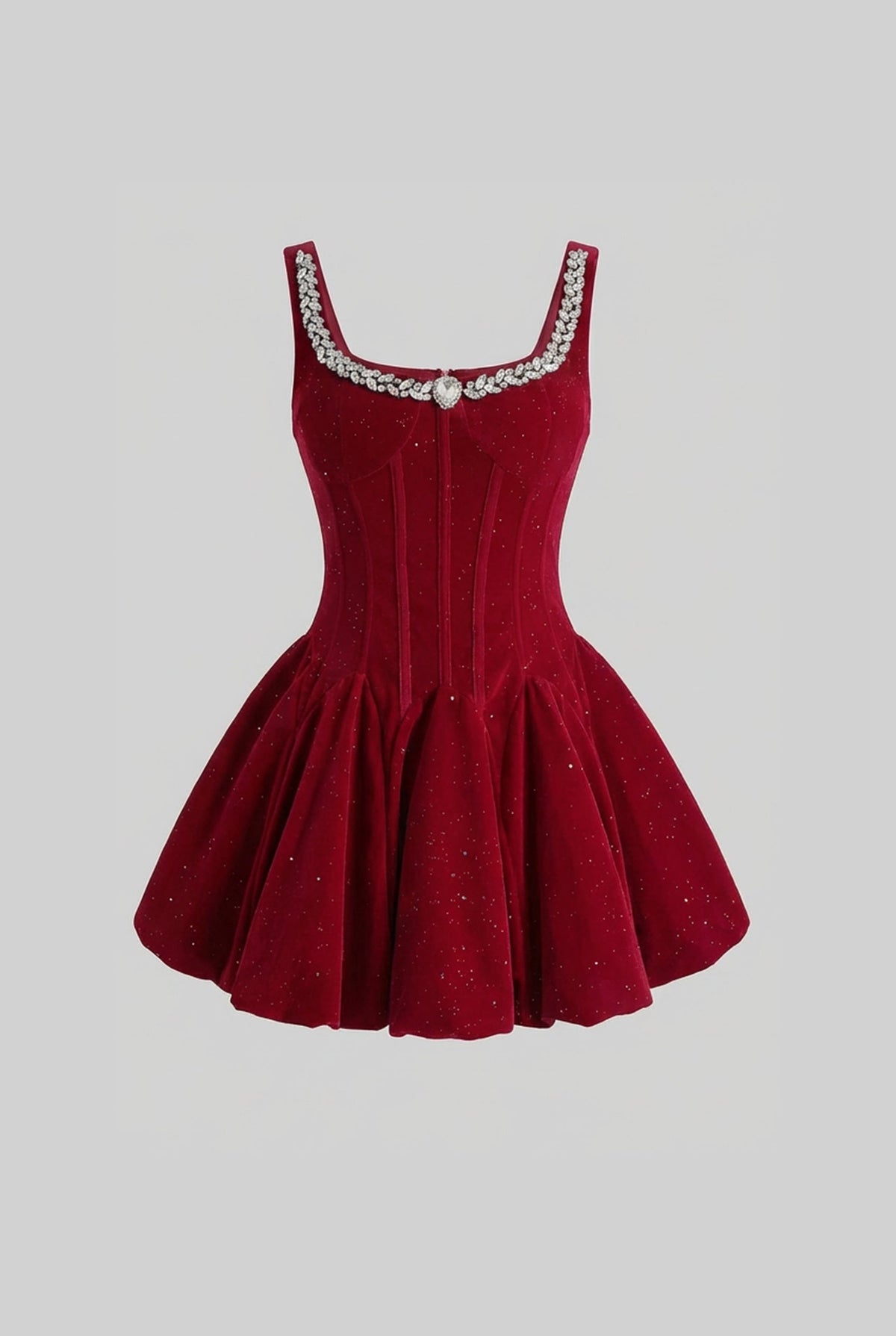 Velvet Corset Mini Dress with Crystal-Embellished Neckline – Burgundy - View 2