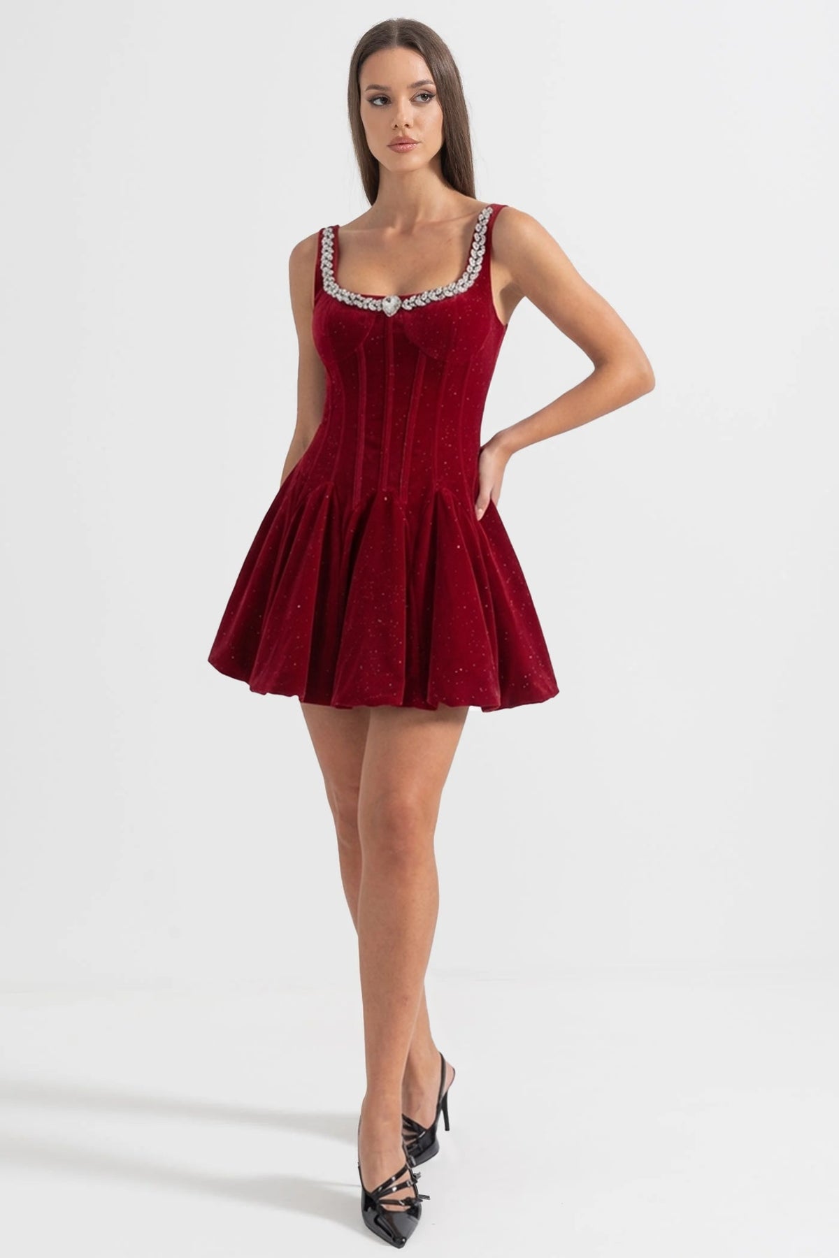 Velvet Corset Mini Dress with Crystal-Embellished Neckline – Burgundy - View 3