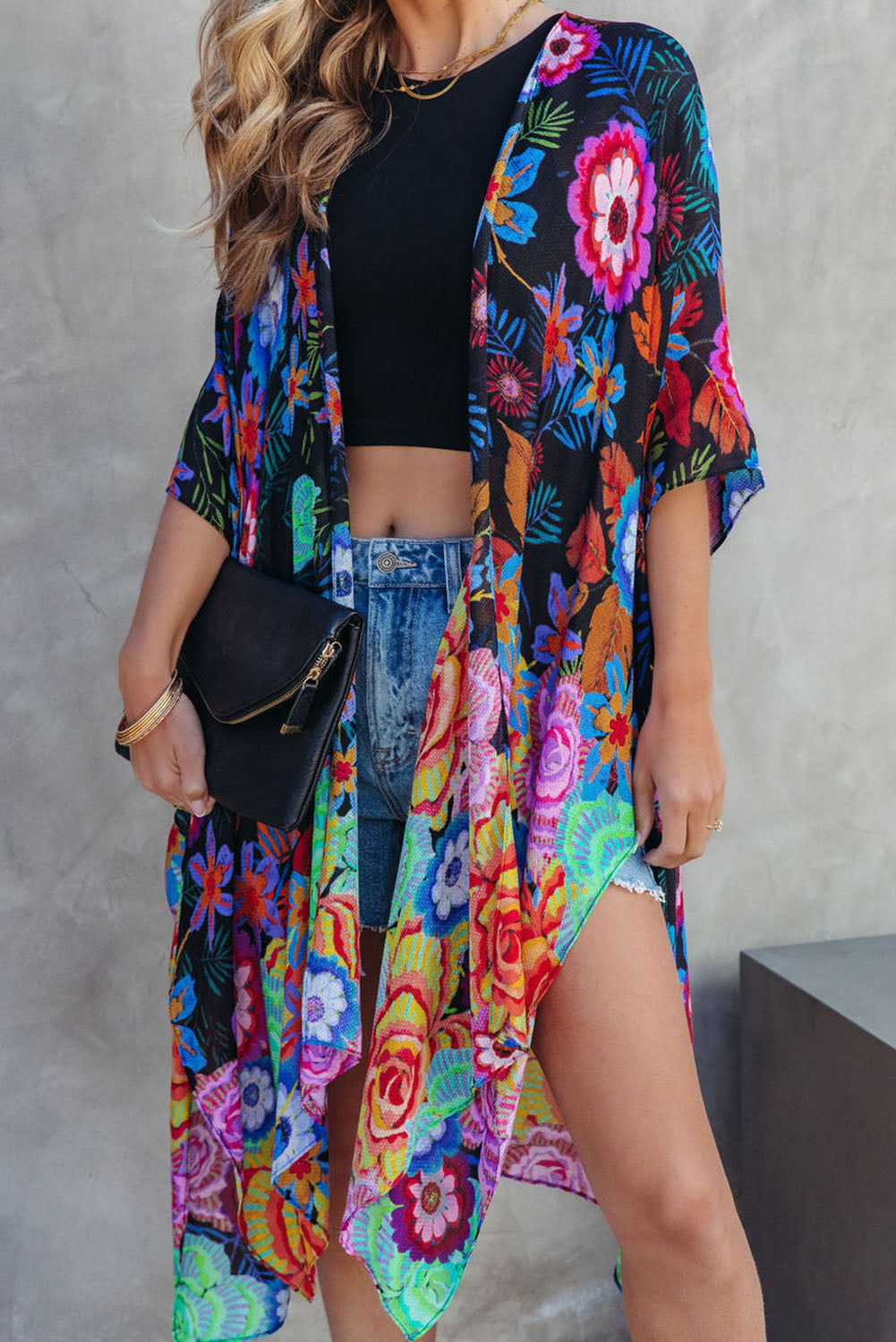 Bohemian Floral Print Half Sleeve Open Front Kimono Fashionpara