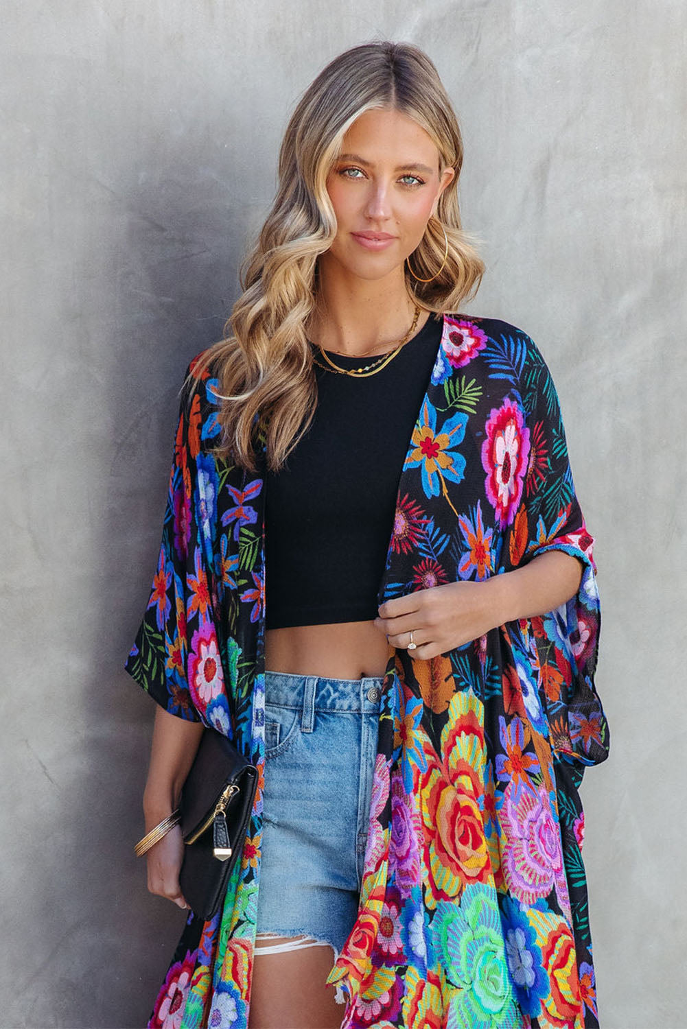 Bohemian Floral Print Half Sleeve Open Front Kimono Fashionpara